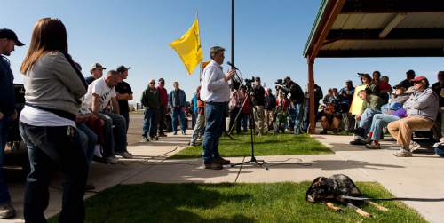 Trent Nelson  |  The Salt Lake Tribune
A group of people listened to San Juan County Commissioner Phil Lyman in Blanding's Centennial Park Saturday May 10, 2014, prior to an ATV ride into Recapture Canyon, closed to motorized use since 2007 to protect the seven-mile long canyon's archeological sites.