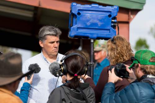 Trent Nelson  |  The Salt Lake Tribune
San Juan County Commissioner Phil Lyman speaks to media in Blanding Saturday May 10, 2014, before an ATV ride into Recapture Canyon, which has been closed to motorized use since 2007 to protect the seven-mile long canyon's archeological sites.Lyman, who is facing criminal charges for his role in the ride, says tensions that lead to confrontations can be traced in part to slow-moving federal bureaucracy.