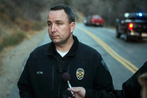 Chris Detrick  |  The Salt Lake Tribune
Unified Police Department spokesman Lt. Justin Hoyal speaks to members of the media near the scene in Millcreek Canyon Tuesday November 11, 2014. Two Taylorsville residents were found dead Tuesday in Millcreek Canyon in what police were calling a murder-suicide. The shooting victims were identified as Lionel Williamson, 51, and his mother, Alice Williamson, 74, said UPD spokesman Lt. Justin Hoyal.