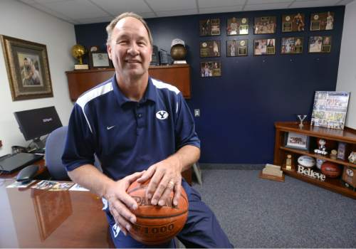 Al Hartmann  |  The Salt Lake Tribune
BYU women's basketball coach Jeff Judkins has taken the road less traveled in his coaching career.
His office is in LaVell Edwards old office in the athletic department at BYU.