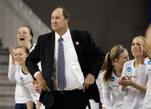 BYU head coach Jeff Judkins watches during the first half of a first-round game against North Carolina State in the NCAA women's college basketball tournament on Saturday, March 22, 2014, in Los Angeles. (AP Photo/Jae C. Hong)