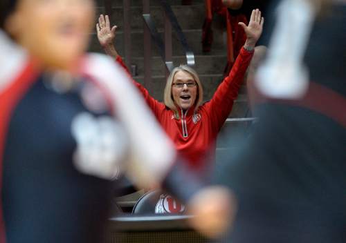 Al Hartmann  |  The Salt Lake Tribune
Mary Bowman cheers for the Ute volleyball team playing a tough Pac-12 match against UCLA Sunday November 11.  She is retiring next month after a long tenure as the University of Utah's senior women's administrator in athletics.