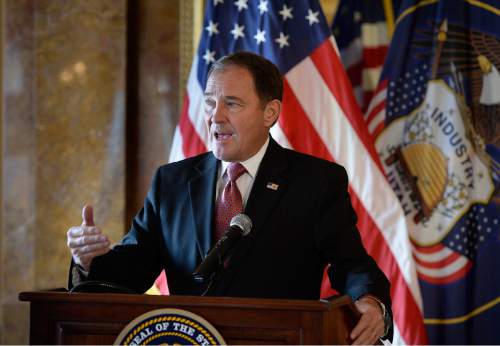 Scott Sommerdorf  |  The Salt Lake Tribune
Utah Governor Gary Herbert speaks during the press conference in which Utah's Criminal and Juvenile Justice Commission released a package of proposals aimed at reducing the population and costs of the state's prison system, Wednesday, November 12, 2014.