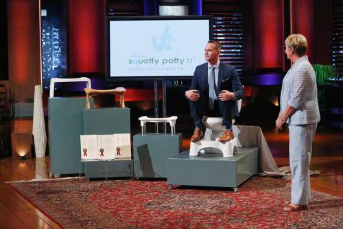 Utahn Bobby Edwards demonstrates the Squatty Potty on "Shark Tank" as his mother, Judy, stands by.
Courtesy ABC