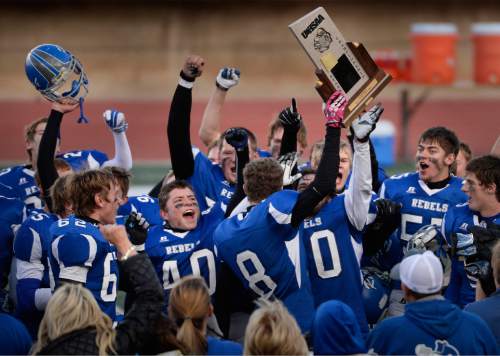 Scott Sommerdorf  |  The Salt Lake Tribune
Rich celebrates after they beat Diamond Ranch Academy 20-0 for the state 1A championship in Cedar City, Friday, November 14, 2014.