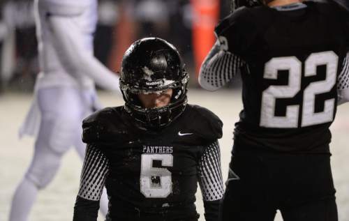 Francisco Kjolseth  |  The Salt Lake Tribune
Pine View's Blake Ence (6) expresses his disappointment after an incomplete pass in icy conditions against Dixie as the clock counts down the final minutes in the class 3AA state football semifinal game at Rice Eccles Stadium on Thursday, Nov. 13, 2014.