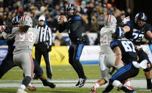 Steve Griffin  |  The Salt Lake Tribune

Brigham Young Cougars quarterback Christian Stewart (7) stays in the pocket as he looks to pass during first half action in the BYU versus UNLV football game at LaVell Edwards Studium in Provo, Saturday, November 15, 2014.