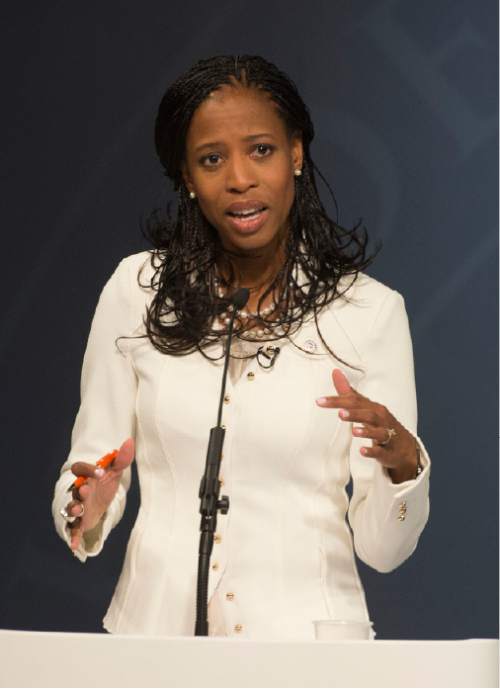 Steve Griffin  |  The Salt Lake Tribune


Mia Love addresses the audience as she debates Doug Owens, in Utah's premier congressional matchup in the 4th district at the Dolores Dor» Eccles Broadcast Center on the University of Utah campus in Salt Lake City, Tuesday, October 14, 2014.