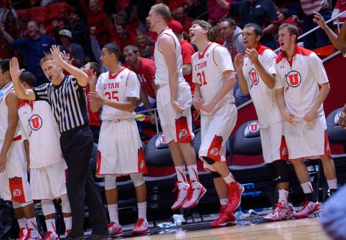 Leah Hogsten  |  The Salt Lake Tribune
The bench explodes as the Utes go on a run. The University of Utah defeated Ball State University 90-72 during their home opener at the Jon M. Huntsman Center in Salt Lake City, November 14, 2014.
