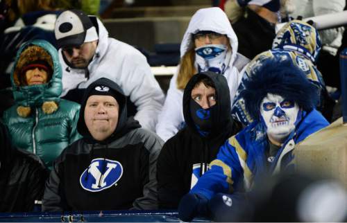 Steve Griffin  |  The Salt Lake Tribune
Freezing Cougar fans are a little nervous as they Watch UNLV stagy in the game during first half action in the BYU versus UNLV football game at LaVell Edwards Stadium in Provo on Saturday.