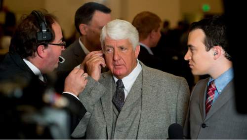 Steve Griffin  |  The Salt Lake Tribune

Representative Rob Bishop is prepped for a TV interview during the GOP election night party at the Hilton in downtown Salt Lake City, Tuesday November 4, 2014.