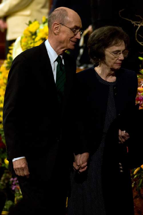 Chris Detrick  |  The Salt Lake Tribune
President Henry B. Eyring and his wife, Kathleen, leave the Conference Center after funeral services for LDS President Gordon B. Hinckley on Feb. 2, 2008.
