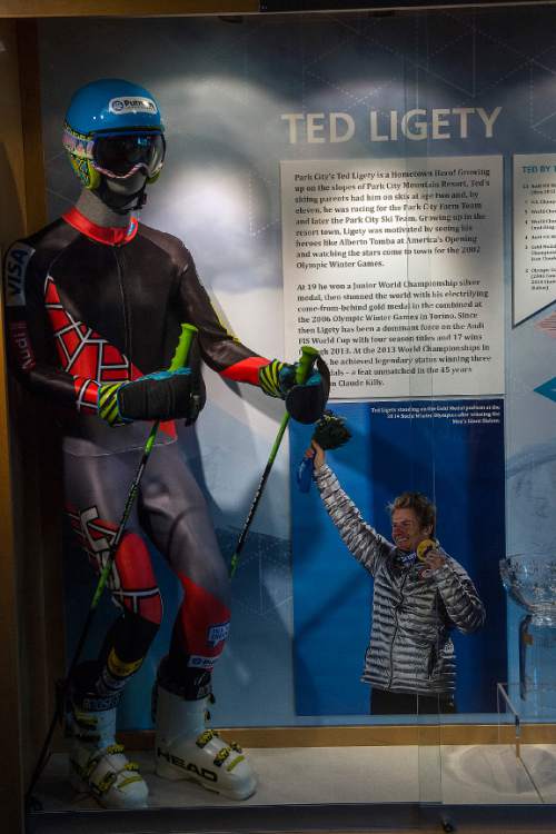 Chris Detrick  |  The Salt Lake Tribune
Clothes worn during the Sochi Olympics by Utah athlete Ted Ligety on display at the Alf Engen Ski Museum in Utah Olympic Park Wednesday November 19, 2014.