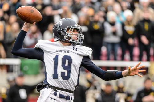 Trent Nelson  |  The Salt Lake Tribune
Corner Canyon's Kyle Reaveley passes the ball as Corner Canyon faces Roy High School in a  4A state football semifinal game at Rice-Eccles Stadium in Salt Lake City, Friday November 14, 2014.