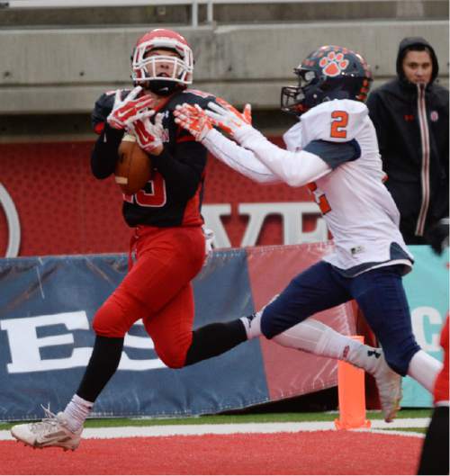 Francisco Kjolseth  |  The Salt Lake Tribune
Jace Miller (15) of American Fork pulls in a long pass against Brighton in class 5A state football semifinal at Rice Eccles Stadium on Thursday, Nov. 13, 2014.