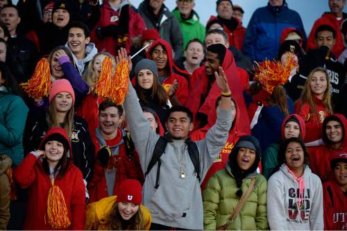 Scott Sommerdorf  |  The Salt Lake Tribune
Judge Memorial fans had lots to cheer about as Judge defeated Juab 63-14 for the state 3A championship in Cedar City, Friday, November 14, 2014.