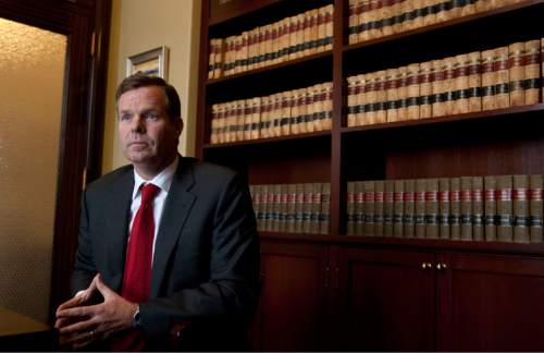 Steve Griffin | The Salt Lake Tribune

John Swallow, Chief Deputy Utah Attorney General, and newly elected Utah Attorney General, in the attorney general's offices at the Utah State Capitol Building in Salt Lake City, Utah Monday December 3, 2012.