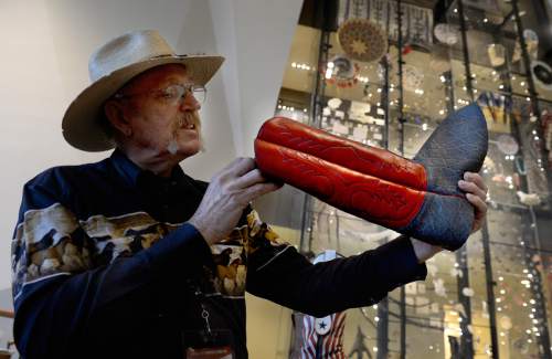 Scott Sommerdorf  |  The Salt Lake Tribune
Sanpete County boot maker Don Walker on Saturday works on a pair of boots at the University of Utah Museum of Natural History as part of "The Horse" exhibit.