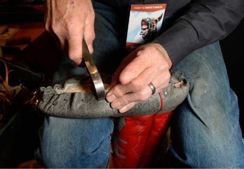 Scott Sommerdorf  |  The Salt Lake Tribune
Sanpete County boot maker Don Walker works on a pair of boots at the University of Utah Museum of Natural History on Saturday as part of "The Horse" exhibit.