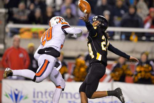 Chris Detrick  |  The Salt Lake Tribune
Timpview's Alexander Hale (20) interferes with a pass intended for Roy's Tyler Eteuati (24) during the 4A state championship game at Rice-Eccles Stadium Friday November 21, 2014.