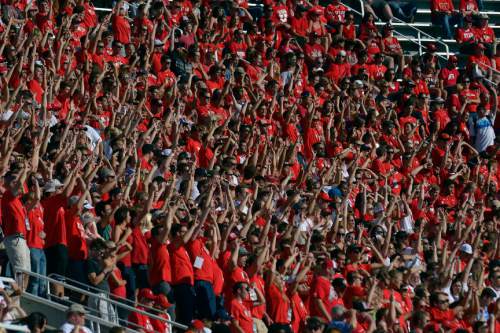 Chris Detrick  |  The Salt Lake Tribune
Members of the MUSS cheer during the first half of the game against Idaho State Bengals at Rice-Eccles stadium Thursday August 28, 2014. Utah is winning the game 35-7.