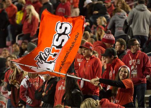 Rick Egan  |  The Salt Lake Tribune

Ute fans cheer on their team before that Utah vs. Oregon game, at Rice-Eccles Stadium, Saturday, November 8, 2014