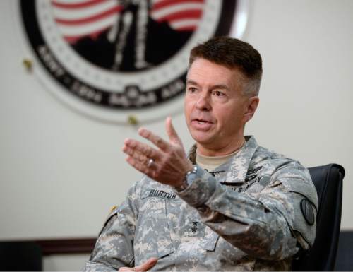 Al Hartmann  |  The Salt Lake Tribune
Major General Jefferson Burton of  the Utah National Guard speaks at news conference in January on the U.S. Army's decision in reclaiming all of the Apache helicopters that it had loaned out to the National Guard.