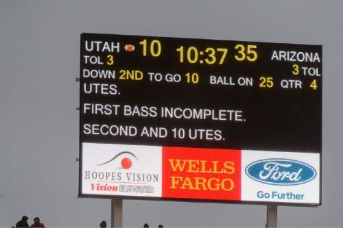 Trent Nelson  |  The Salt Lake Tribune
As the scoreboard reads, "First bass incomplete," as the University of Utah Utes hosts the Arizona Wildcats, college football at Rice-Eccles Stadium in Salt Lake City Saturday November 22, 2014.