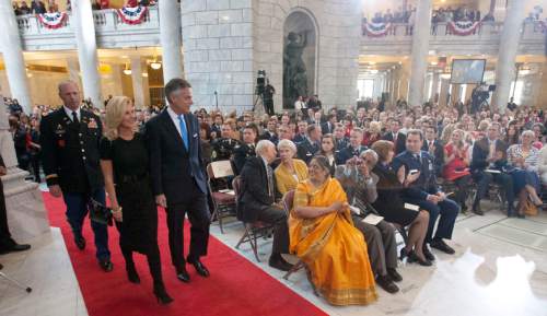 Steve Griffin |  Tribune file photo

Former Utah Gov. Jon Huntsman and his wife, Mary Kaye Huntsman, are seated in the Utah State Capitol Rotunda at the start of the inauguration ceremony for Utah's 17th governor, Gary Herbert, at the Utah State Capitol in Salt Lake City on Jan. 7, 2013.