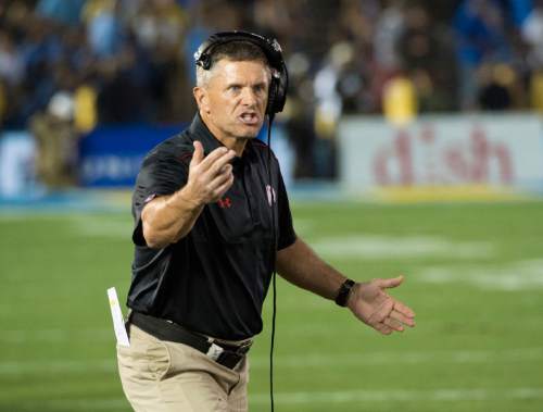 Rick Egan  |  The Salt Lake Tribune

Utah Utes head coach Kyle Whittingham pleads with the officials, after they rule that a roughing the kicker penalty will give UCLA a second chance to win the game, with no time remaining, in Pac 12 action Utah vs UCLA, at the Rose Bowl in Pasadena, Saturday, October 4, 2014