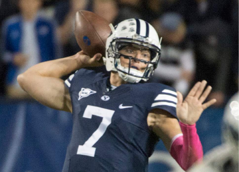 Rick Egan  |  The Salt Lake Tribune


Brigham Young quarterback Christian Stewart (7) throws the ball for the Cougars in the fourth quarter, in football action, BYU vs The Nevada Wolf Pack at Lavell Edwards Stadium, Saturday, October18, 2014.