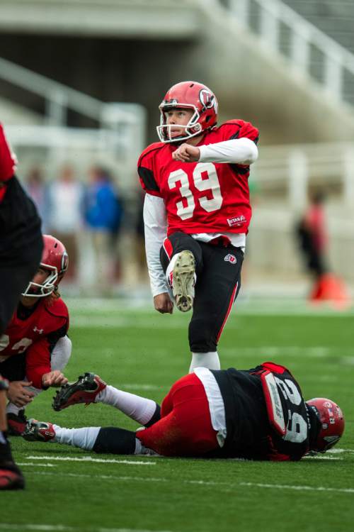 Chris Detrick  |  The Salt Lake Tribune
Utah Utes kicker Andy Phillips (39) during a scrimmage at Rice-Eccles Stadium Saturday April 5, 2014.