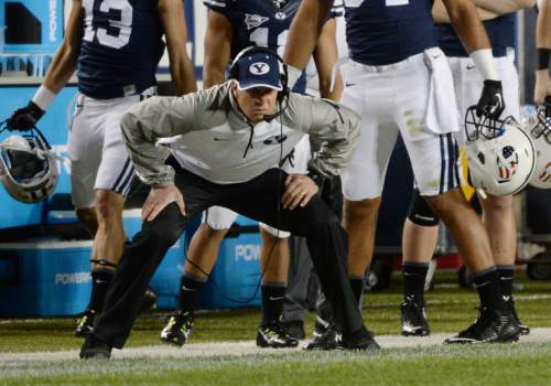 Steve Griffin  |  The Salt Lake Tribune


BYU head coach Bronco Mendenhall squats down as he watches his defense come up big stopping a Houston drive late in the second half of the game between BYU and Houston and LaVell Edwards Stadium in Provo, Thursday, September 11, 2014.