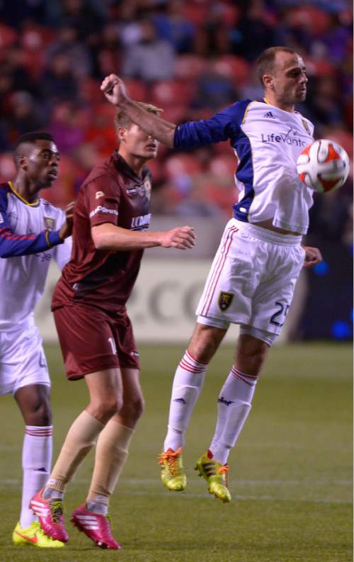 Leah Hogsten  |  The Salt Lake Tribune
Real Salt Lake defender Rich Balchan (25) drops the ball into play from a kick. Real Salt Lake hosted Sacramento Republic during their exhibition game Tuesday, September 30, 2014.