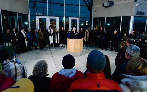 Francisco Kjolseth  |  The Salt Lake Tribune
Community religious leaders gather with Salt Lake County Sheriff Jim Winder and Unified Police Department officials in a call for civility and unity after the unrest in Ferguson, Mo. The event was held at the Salt Lake County Sheriff's Office along with a few members of the community on Sunday, Nov. 30, 2014.