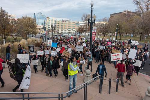 Trent Nelson  |  The Salt Lake Tribune
Protesters gather in front of the Matheson Courthouse as more than 200 people turned out for a rally to protest police brutality in Salt Lake City, Saturday November 29, 2014.