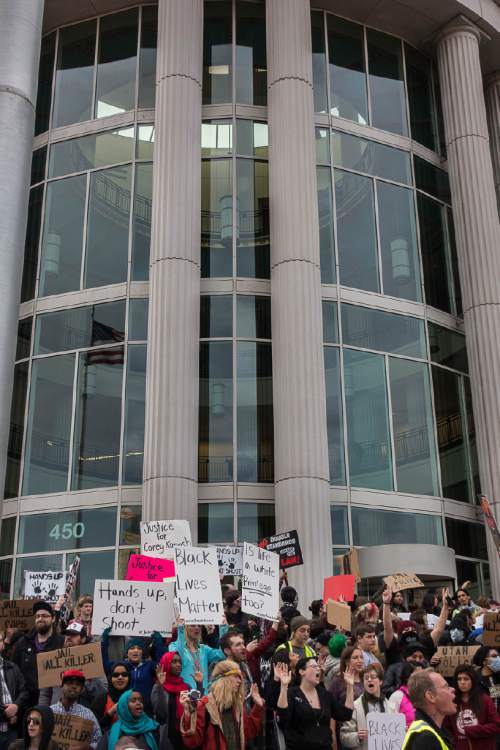 Trent Nelson  |  The Salt Lake Tribune
Protesters gather in front of the Matheson Courthouse as more than 200 people turned out for a rally to protest police brutality in Salt Lake City, Saturday November 29, 2014.
