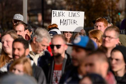 Trent Nelson  |  The Salt Lake Tribune
More than 200 people turned out for a rally to protest police brutality in Salt Lake City, Saturday November 29, 2014.