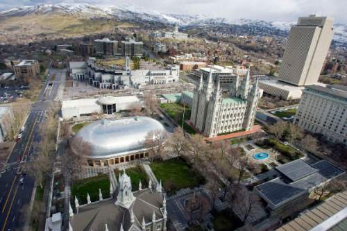 Al Hartmann   |  The Salt Lake Tribune 
Temple Square with Tabernacle,  Salt Lake Temple, LDS Conference Center, Jospeh Smith Buidling and LDS Church Office Building seen from high angle above South Temple and West Temple on March 22, 2011