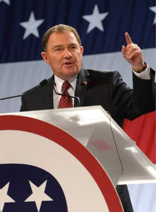 Leah Hogsten  | Tribune file photo
Gov. Gary Herbert, speaking here at the 2014 Utah Republican Convention in Sandy, says Utah's pro-business policies are becoming a model for the nation.