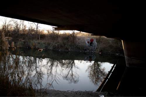 Lennie Mahler  |  The Salt Lake Tribune
An area beneath an overpass at 3300 South and 1300 West along the Jordan River where police discovered a body of unknown age and gender in West Valley City, Utah, Monday, Dec. 1, 2014.