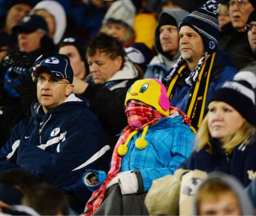 Steve Griffin  |  The Salt Lake Tribune

Cougar fans were bundled up as they watch their team during first half action in the BYU versus UNLV football game at LaVell Edwards Stadium in Provo, Saturday, November 15, 2014.
