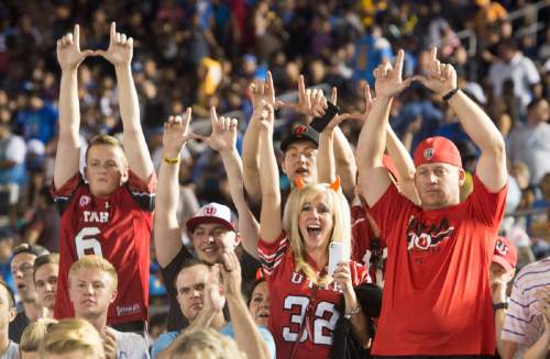 Rick Egan  |  The Salt Lake Tribune

Ute fans cheer on their team as they head to the locker room with a 17-7 half-time lead over UCLA, at the Rose Bowl in Pasadena, Saturday, October 4, 2014