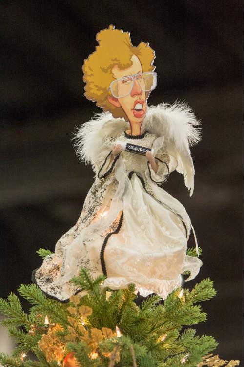 Rick Egan  |  The Salt Lake Tribune

Napoleon angel tree topper on "A Dynamite Christmas" donated and decorated by the cast and crew of Napoleon Dynamite, at the Festival of Trees at the South Towne Expo Center, Thursday, December 4, 2014. The Festival continues from 10 am to 10 pm until December 6.