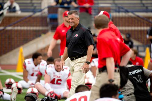 Jeremy Harmon  |  The Salt Lake Tribune

Kyle Whittingham inspects his team before taking on Michigan in Ann Arbor, Saturday, Sept. 20, 2014.