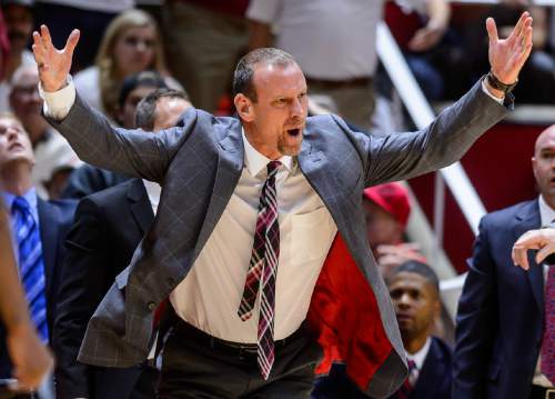 Trent Nelson  |  The Salt Lake Tribune
Utah coach Larry Krystkowiak protests a call as the University of Utah Utes host the Wichita State Shockers, college basketball at the Huntsman Center in Salt Lake City, Wednesday December 3, 2014.