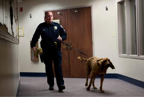 Lennie Mahler  |  The Salt Lake Tribune
West Valley City Police Sgt. Shane Matheson and K9 bloodhound, Copper, approach the Bailey family during a press conference at West Valley City Hall on Saturday, Dec. 6, 2014. Copper led Matheson to a manhole where 6-year-old Kollin Bailey had fallen and was stuck Friday.