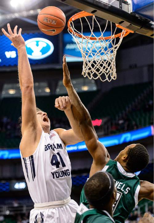 Trent Nelson  |  The Salt Lake Tribune
Brigham Young Cougars forward Luke Worthington (41) puts up a shot, defended by Hawaii Warriors guard Garrett Nevels (1), as BYU faces Hawaii, college basketball at EnergySolutions Arena in Salt Lake City, Saturday December 6, 2014.