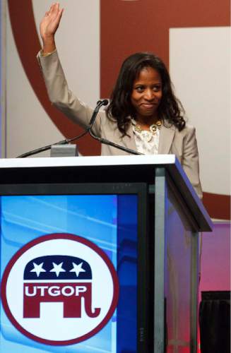Leah Hogsten  |  The Salt Lake Tribune
4th Congressional District candidate Mia Love. The Utah Republican Party held its nominating convention Saturday, April 21 2012 in Sandy at the South Towne Exposition Center.