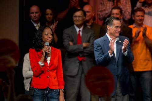 Trent Nelson  |  The Salt Lake Tribune
Mitt Romney at a rally to support Mia Love, who is running as a Republican in Utah's 4th Congressional District. Wednesday October 8, 2014 at Thanksgiving Point.